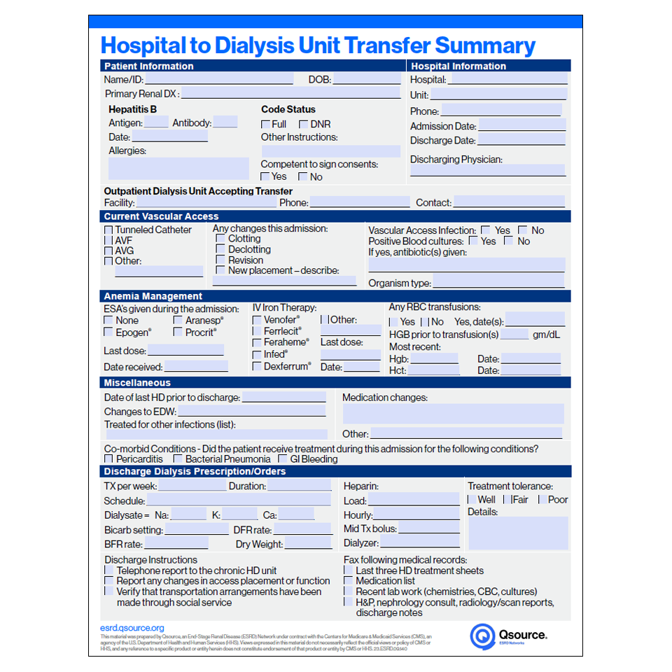 hospital to dialysis transfer summary