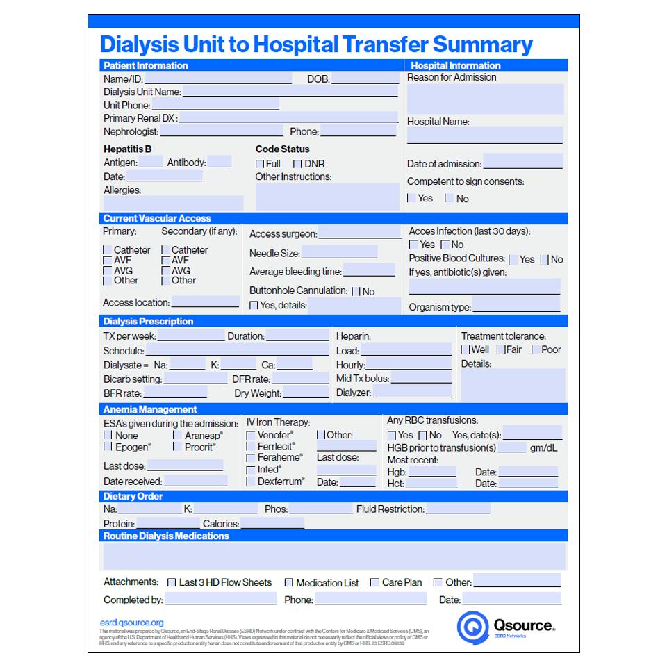 dialysis unit to hospital transfer summary