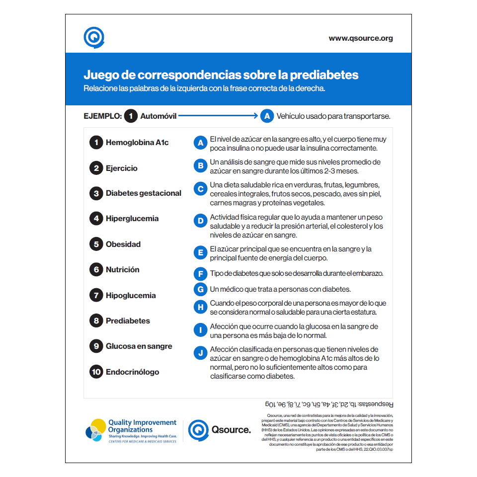 prediabetes matching puzzle spanish