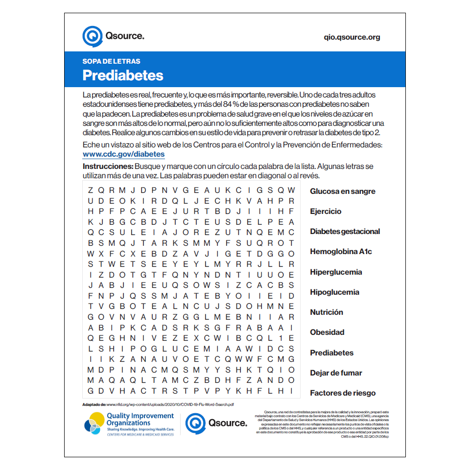 Pre Diabetes Word Search Spanish Resourcehub Exchange