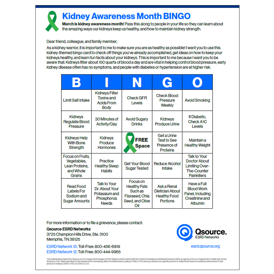 kidney month bingo